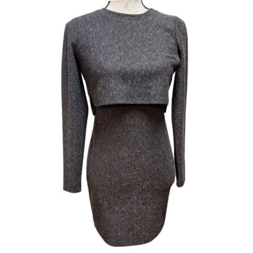 BONGO Y2K Gray Knit Mini Dress S Bodycon Long Sleeve Cotton Fall Office USA Made